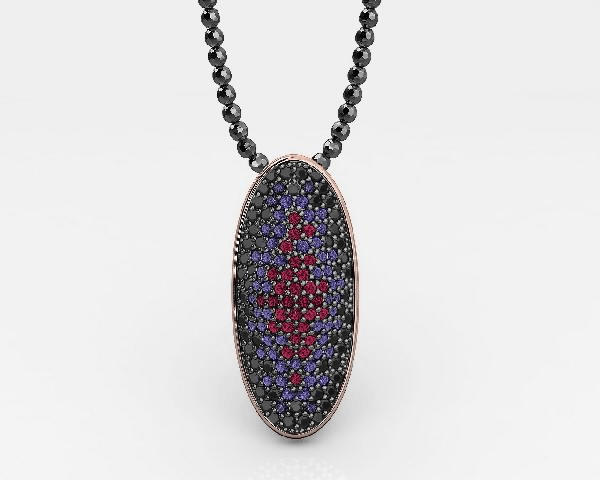 Silver Pendant Gold Black Spinels Red and Amethyst CZ + Chain