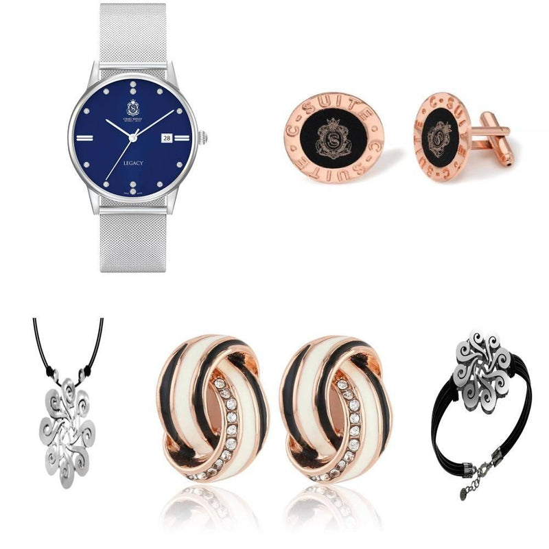 legacy-blue-sliver-watch-with-rabat-earring-rose-cufflinks-image